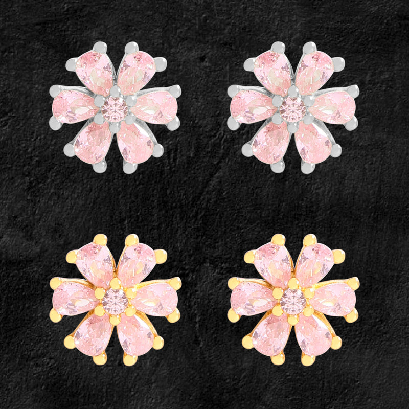 Beautiful Pink CZ Sakura Flowers 925 Sterling Silver Stud Earrings