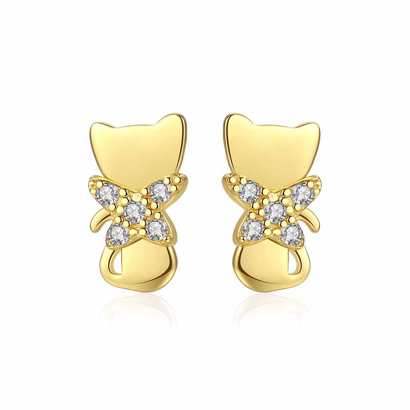 Cute CZ Bowknot Cat 925 Sterling Silver Stud Earrings