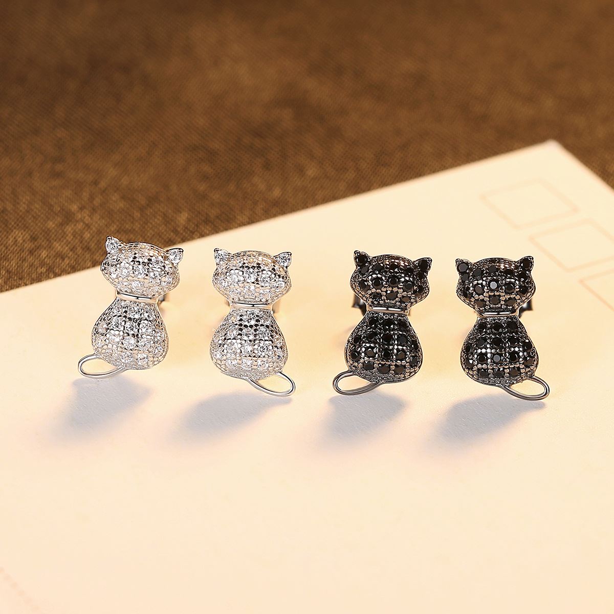 Cute Black CZ Cat Animal 925 Sterling Silver Stud Earrings