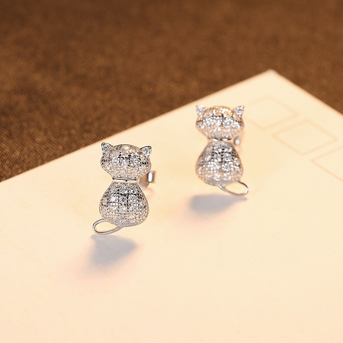 Cute Black CZ Cat Animal 925 Sterling Silver Stud Earrings